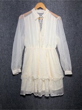 SHEIN Ivory Long-Sleeve Ruffle Tie-Front Midi Dress